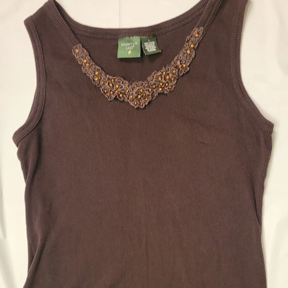 Brown Ribbed Tank Top Embellished Mounain Lake Womens Size L - Picture 2 of 11
